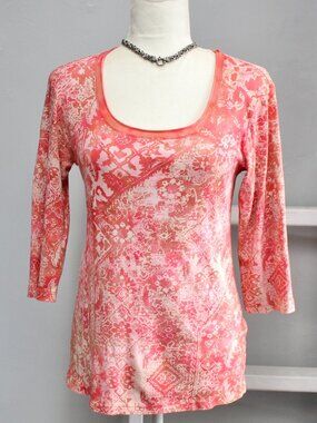 Glima Vintage Y2K Exotic Rug Floral Top Red Orange Cream 3/4 Sleeves Size Small